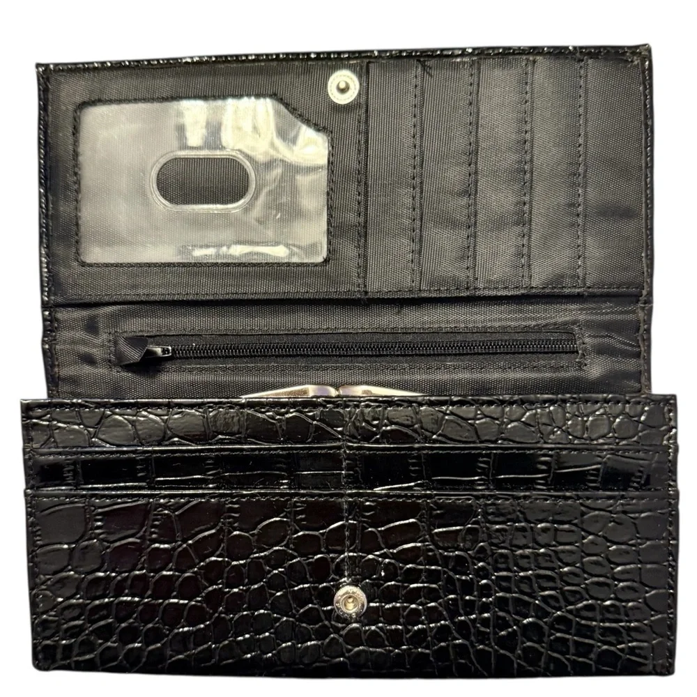 Metropolitan Croc Embossed Bifold Kiss Lock Wallet Clutch Black Vegan Leather
